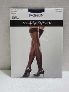 LACE TOP THIGH HIGH SHEER WITH BACK SEAM STOCKINGS JET BLACK TALL PRESTON YORK - Picture 1 of 4