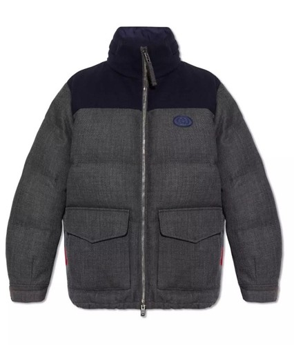 Piumino GUCCI grigio blu nuovo autentico lana pesante cappuccio nascosto tg 52