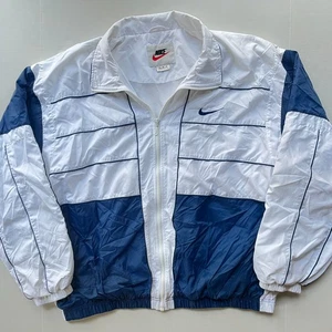 Vtg Nike Windbreaker Jacket Mens XL Track Full Zip White Navy Swoosh Nylon Lined - Picture 1 of 9