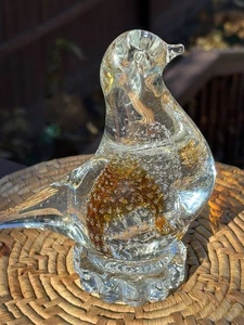 Vintage Art Glass Bird/ Dove Figurine Paperweight Bubbles Clear & Amber 5.5” - Picture 1 of 16