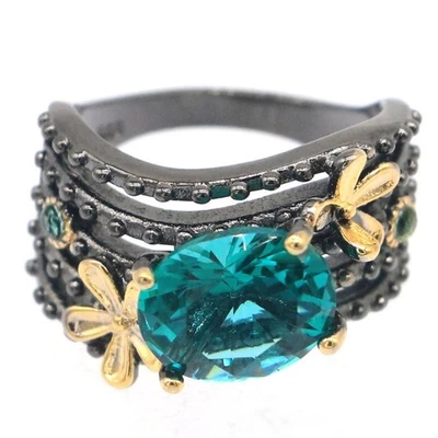 Buy 2 Get 1 Free Vintage Blue Aquamarine Women Gift Black Gold Silver Rings US 7 - Image 1 of 3