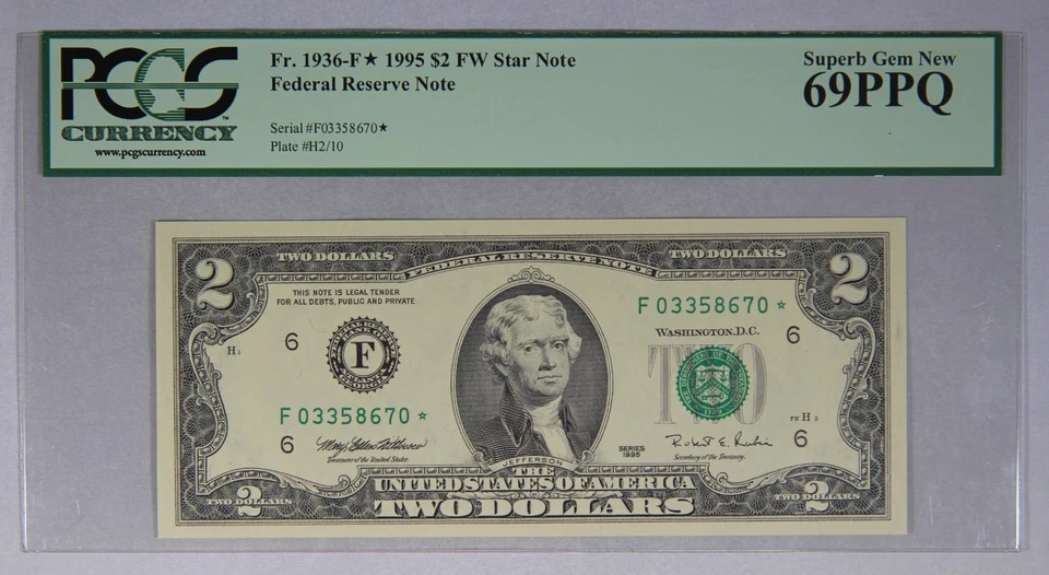 $2 Federal Reserve Note Fr. 1936-F* 1995 $2 FW Star Note PCGS 69PPQ - Image 1 of 3