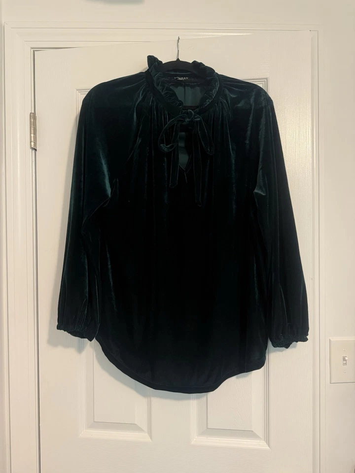 Lauren Ralph Lauren Black Label Stretch Green Velvet Top Tie-Neck Blouse Sz 1XL - Image 1 of 3