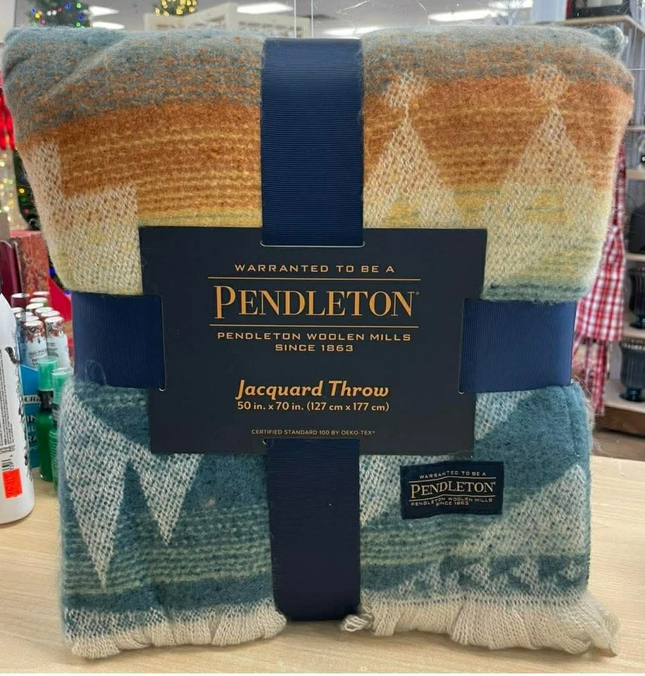 Pendleton Jacquard Throw 50" x 70" Fringed 100% Polyester Tan Red Brown  - Image 1 of 1