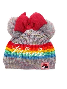 Disney Minnie Mouse Grey Double Pom Pom Rainbow Striped Knit/fleece Hat Size M/L - Picture 1 of 6