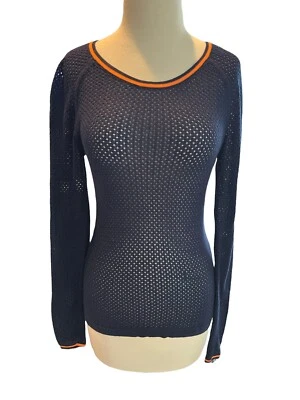 Small Velvet By Graham & Spencer Sweater Navy with Neon Trim Open Knit - Image 1 of 4