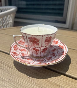 Hand Poured Soy Wax Candle with Lavender Essential  in Vintage Teacup and Saucer - Picture 1 of 5