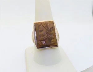 Mens Antique Rings Cameo Jewelry Gold Large Tiger Eye Three Faced 10K US 10 R431 - Picture 1 of 8