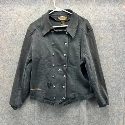 Harley Davidson Jacket Women L Black Denim Military Pea Coat Vtg Double Breasted - Image 1 of 4