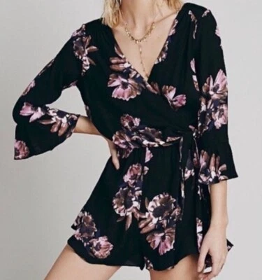 Free People All The Right Ruffles Black Pink Floral Romper Womens Size Large - Image 1 of 4