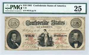 1861 $10 Confederate States of America T-26 - Very Fine, PMG VF25 - Picture 1 of 2