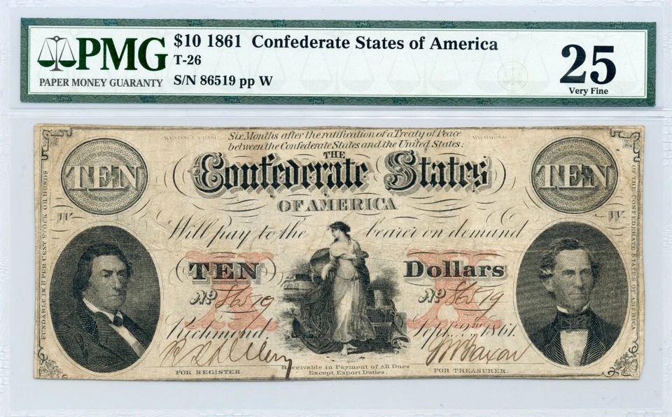 1861 $10 Confederate States of America T-26 - Very Fine, PMG VF25 - Image 1 of 2