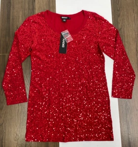NEW Donna Karan New York DKNY Womens Size P Red Sequin Shirt Top NWT Retail $145 - Picture 1 of 11