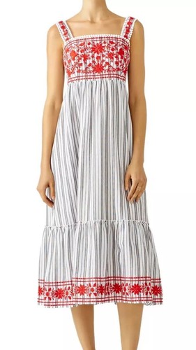 Abito midi Kate Spade Broome Street rosso floreale ricamato a righe a più livelli S