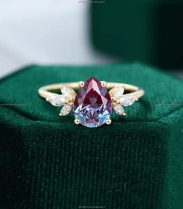 Gift For Her 14k Yellow Gold Alexandrite Moissanite Unique Band Wedding Ring - Picture 1 of 5