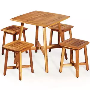 5PCS Acacia Patio Dining Set W/Square Table & 4 Stools Reddish Brown - Picture 1 of 11