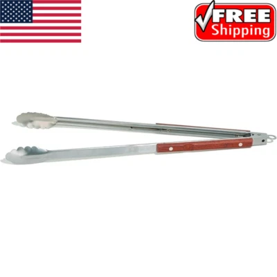 Locking Scalloped Tongs 22'' Long Flat Rosewood Handle Durable Stainless Steel. - Image 1 of 4