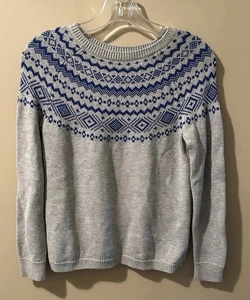 Talbots Fair Isle Sweater Womens Petite  SP Gray Blue Crewneck Long Sleeve Aztec - Picture 1 of 11