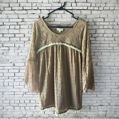 Camisa Top Umgee EE. UU. Mediana Para Mujer Tostada Crema Encaje Mangas 3/4 Boho Otoño Rústica Foto 1 de 3