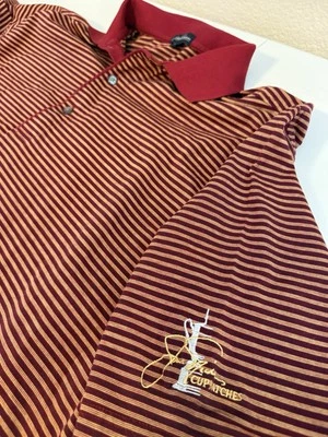 Large Jack Nicklaus Cup Matches Vintage Striped Maroon Golf Polo Trophy T-Shirt - Image 1 of 4
