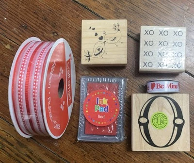 Valentines hearts Craft Satin Ribbon Lot Rubber Stamp NEW wooden - Image 1 of 3