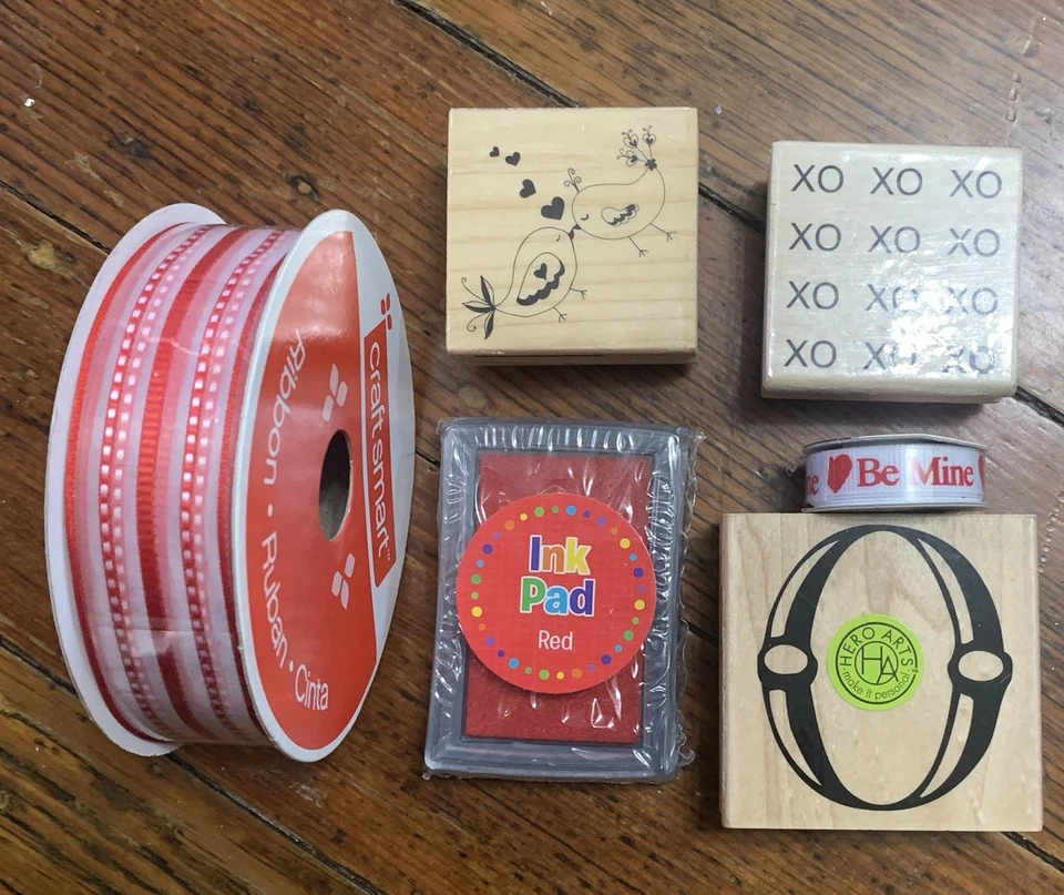 Valentines hearts Craft Satin Ribbon Lot Rubber Stamp NEW wooden - Image 1 of 3
