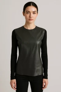 Helmut Lang Black Genuine Lamb Leather Sheer Arm Top Blouse sz S/P - Picture 1 of 6