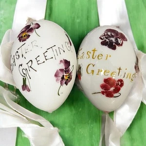 Antique White Opaque Milk Glass Easter Eggs Hand Painted Decoration Decor Two - Picture 1 of 7