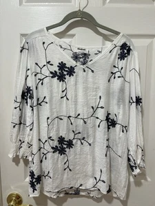 Kindred bestickt Blumen Boho Bauern Top weiß marine Tunika Bluse Top Damen L - Bild 1 von 6