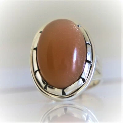 ANEL DE JOIAS FEITO À MÃO DE PRATA ESTERLINA 925 PEDRA PRECIOSA NATURAL PEDRA DA LUA PÊSSEGO - Imagem 1 de 4