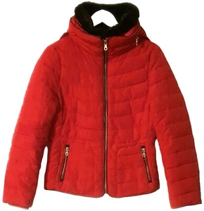 M&S/PER UNA/Ladies/Women's Red Padded Hooded Coat w Brown Faux Fur Trim - Size 8 - Picture 1 of 8