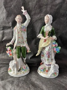 Pair of 1918-20 Sitzendorf decorative figures Gallant & Maiden with lambs- 7.25" - Picture 1 of 18