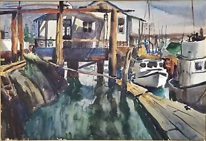 Vintage Signed H.S. LIEBERMAN Boat Dock Wharf Fishing Boats Watercolor Painting - Picture 1 of 11