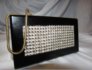 VINTAGE WILARDY BLACK LUCITE * RHINESTONES DESIGN COMPACT CARRYALL LUCITE PURSE! - Picture 1 of 7