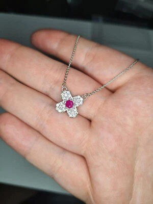Mozambique Ruby, White Zircon Floral Necklace 925 Sterling Silver - Image 1 of 4