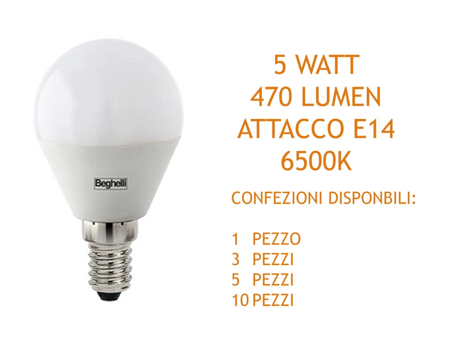 LAMPADA SFERA LED 6500K 5W E14 470LM ELPLAST BEGHELLI 56819 VARIE CONFEZIONI - Immagine 1 di 1