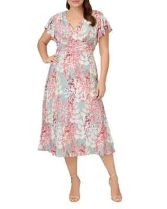 Adrianna Papell Plus Surplice Midi Dress Women's 14W Aqua Multi Back Zip Closure - Picture 1 of 18