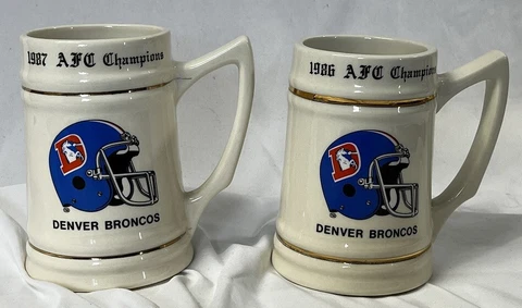 Vintage Denver Broncos  1986 & 1987 AFC Champions Beer Stein Mug Set of 2 Cover