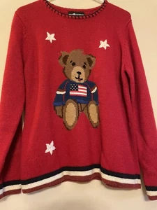 Vintage Womens Sag Harbor Patriotic Americana Teddy Bear Sweater Red Sz S - Picture 1 of 4