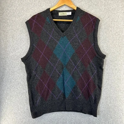 LL Bean Argyle V Neck Sweater Vest Charcoal Gray Lambswool Scotland Mens Large - Image 1 of 4