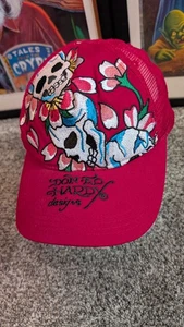 Ed Hardy Y2K Trucker Mesh Snapback Hat Cap Red Flower Skulls Rock Metal Art Tatt - Picture 1 of 11