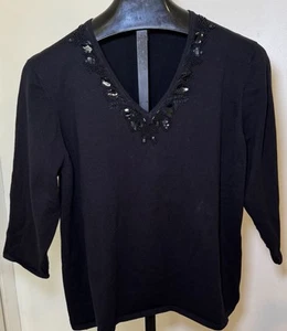 Coldwater Creek 2x -20w-22w V Neck Beaded lightweight Sweater 3/4 Sleeves Black - Picture 1 of 3