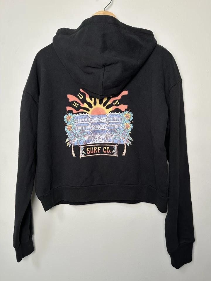 Moletom com capuz Hurley Surf Co feminino cropped preto tamanho pequeno NOVO Waves Sun - Imagem 1 de 4