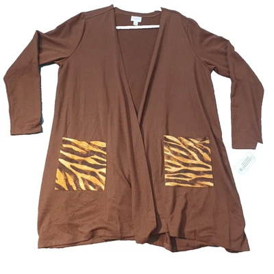 Suéter Cárdigan Abierto LuLaRoe Caroline - Grande - Marrón Con Bolsillos Cebra - Nuevo Con Etiquetas Foto 1 de 4