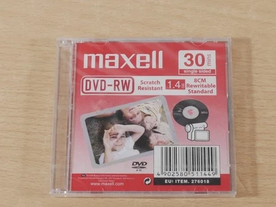 Maxell 8cm DVD-RW 1.4GB 30min Single Sided Rewritable Mini Disc – New Sealed - Image 1 of 3