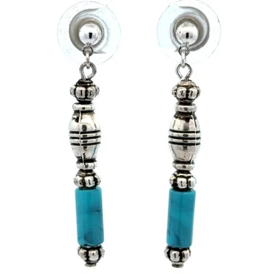 Pendientes colgantes de diseño enchapados en plata 925 cilíndricos turquesa ornamentados con cuentas Foto 1 de 4