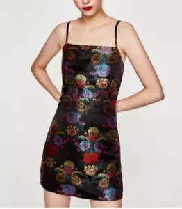 Zara Trafaluc Women's Sleeveless Mini Dress Satin Floral Jacquard Black Size M - Picture 1 of 15