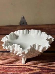 Vintage Fenton Milk Glass Hobnail 3 Footed Ruffled Edge Candy Dish Bowl 8” White - Picture 1 of 7