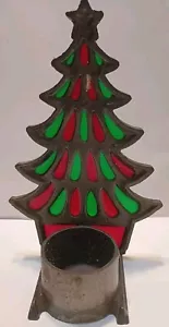 Vintage Stain Glass & Metal Christmas Tree Tea Light holder Taiwan 5.5" tall - Picture 1 of 3