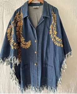 Vtg Denim Poncho XL Fringe Paint Western Horsegirl Boho Dolly Art Nashville - Bild 1 von 20